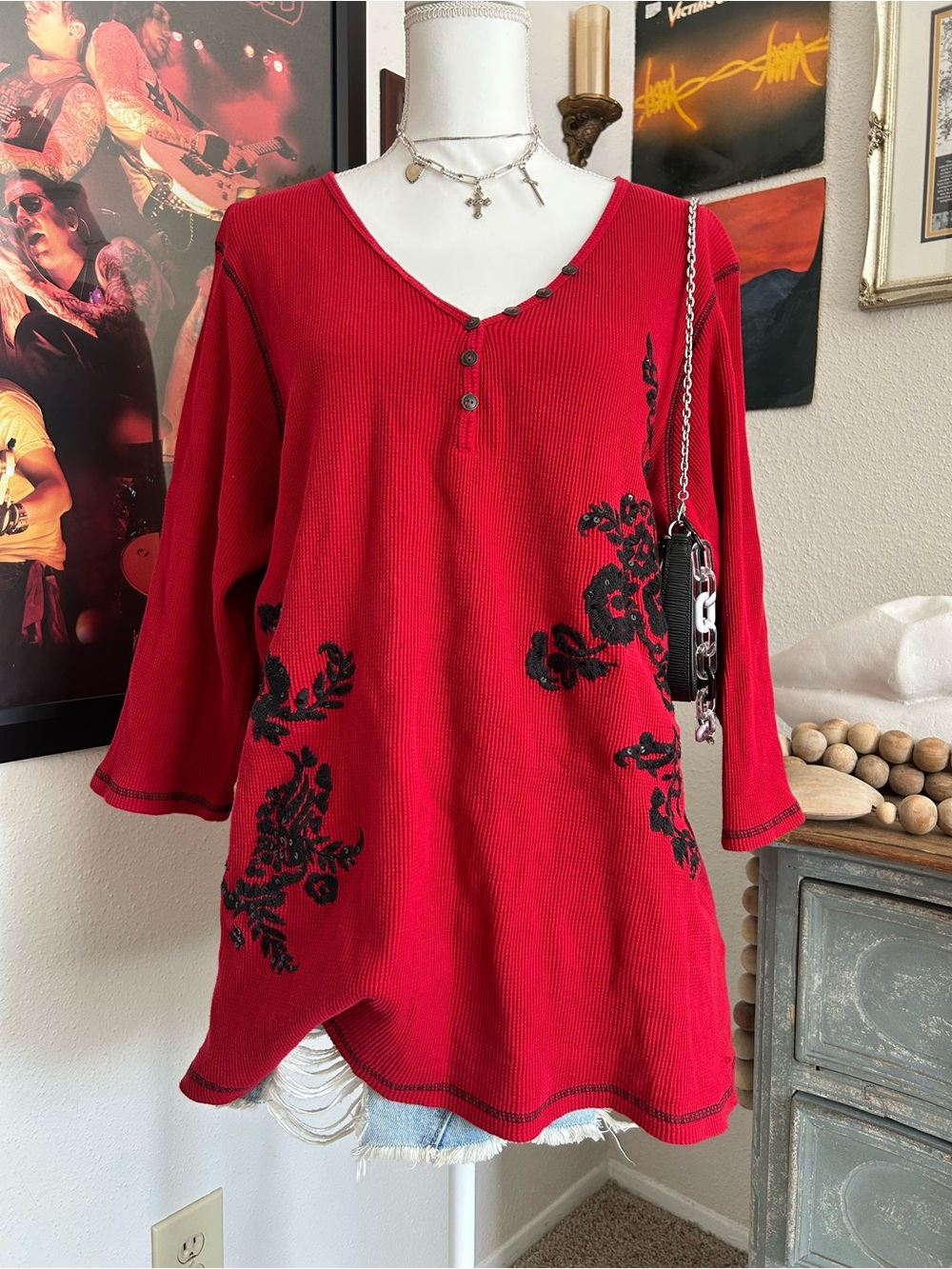 Vintage 90s Thermal Top Womens Plus Size 100% Cotton Romantic Embroidery Sequins